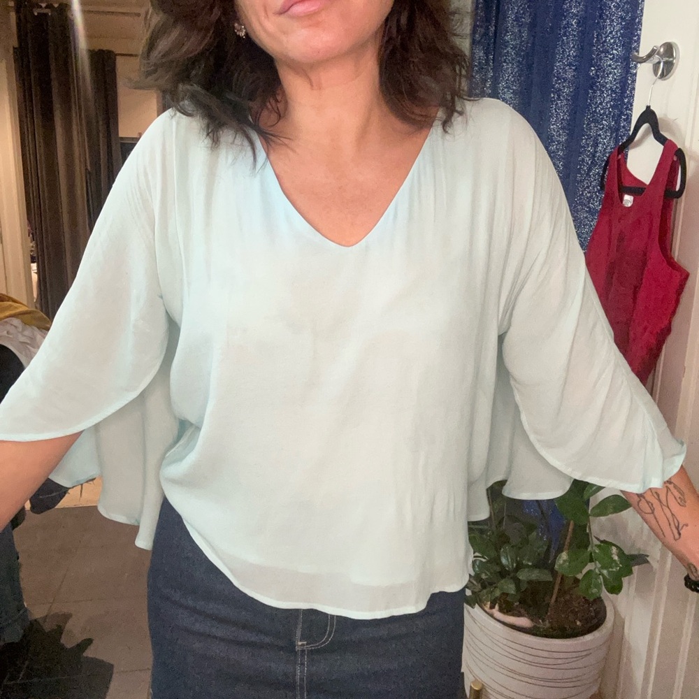 Dex Light Turquoise Cape Layered Blouse Relaxed Fit size XS